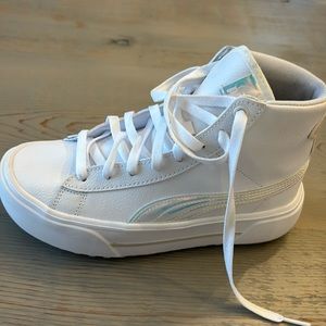 White and iridescent Puma platform high-top sneakers